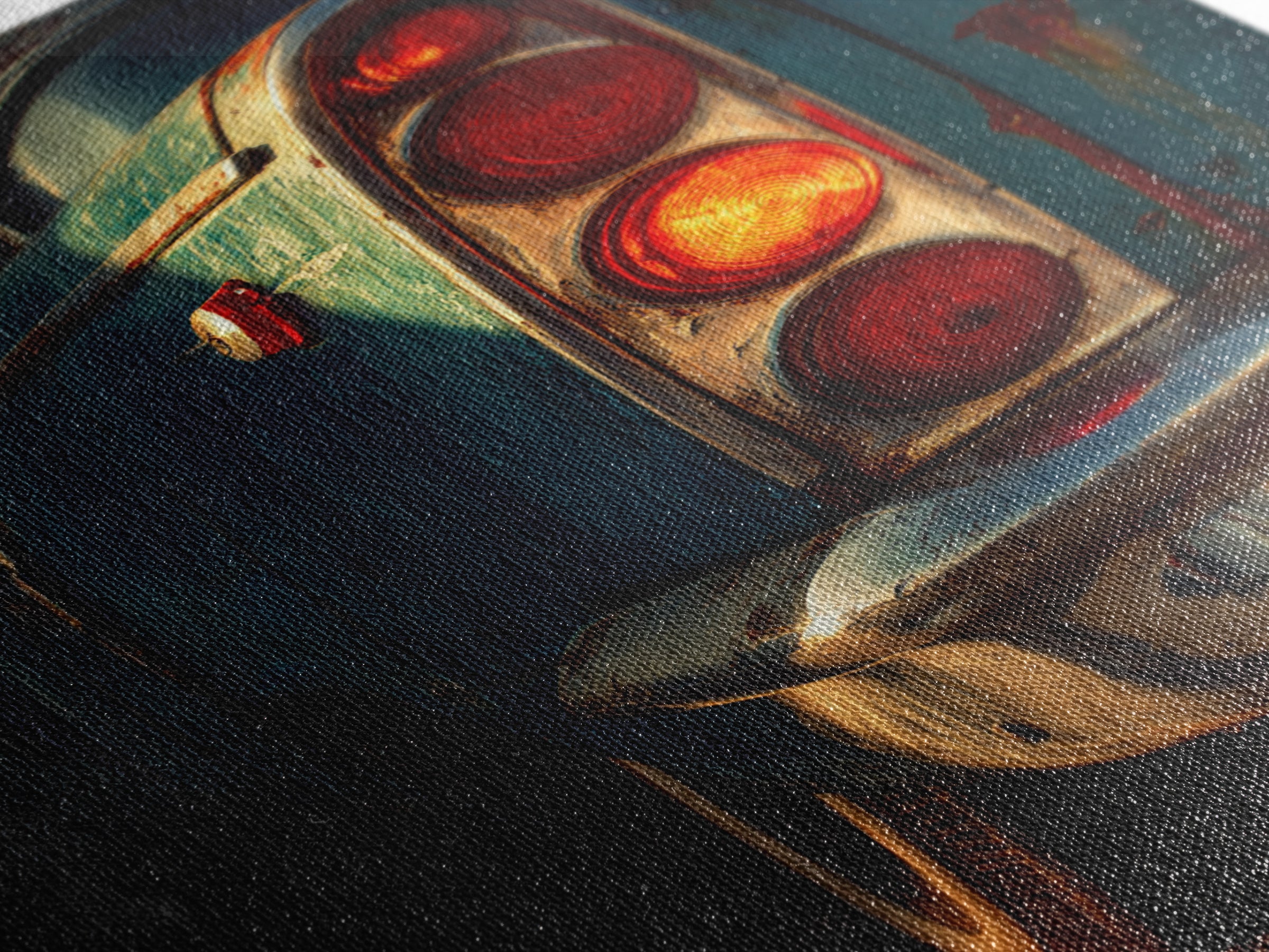 Classic Car Tail Lights Glowing at Dusk Framed Canvas Print, Garage Art, Automotive Decor, Garage Decor, Fine Art, Motor, GAR-2x3-24