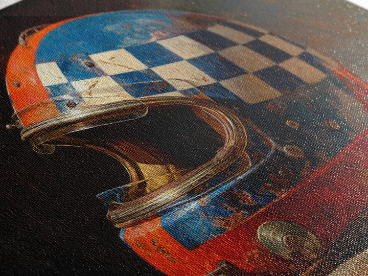 Racing Helmet with Checkered Flag Pattern Framed Canvas Print, Garage Art, Black and White Art, Garage Decor, Fine Art, Motor, GAR-3x2-24