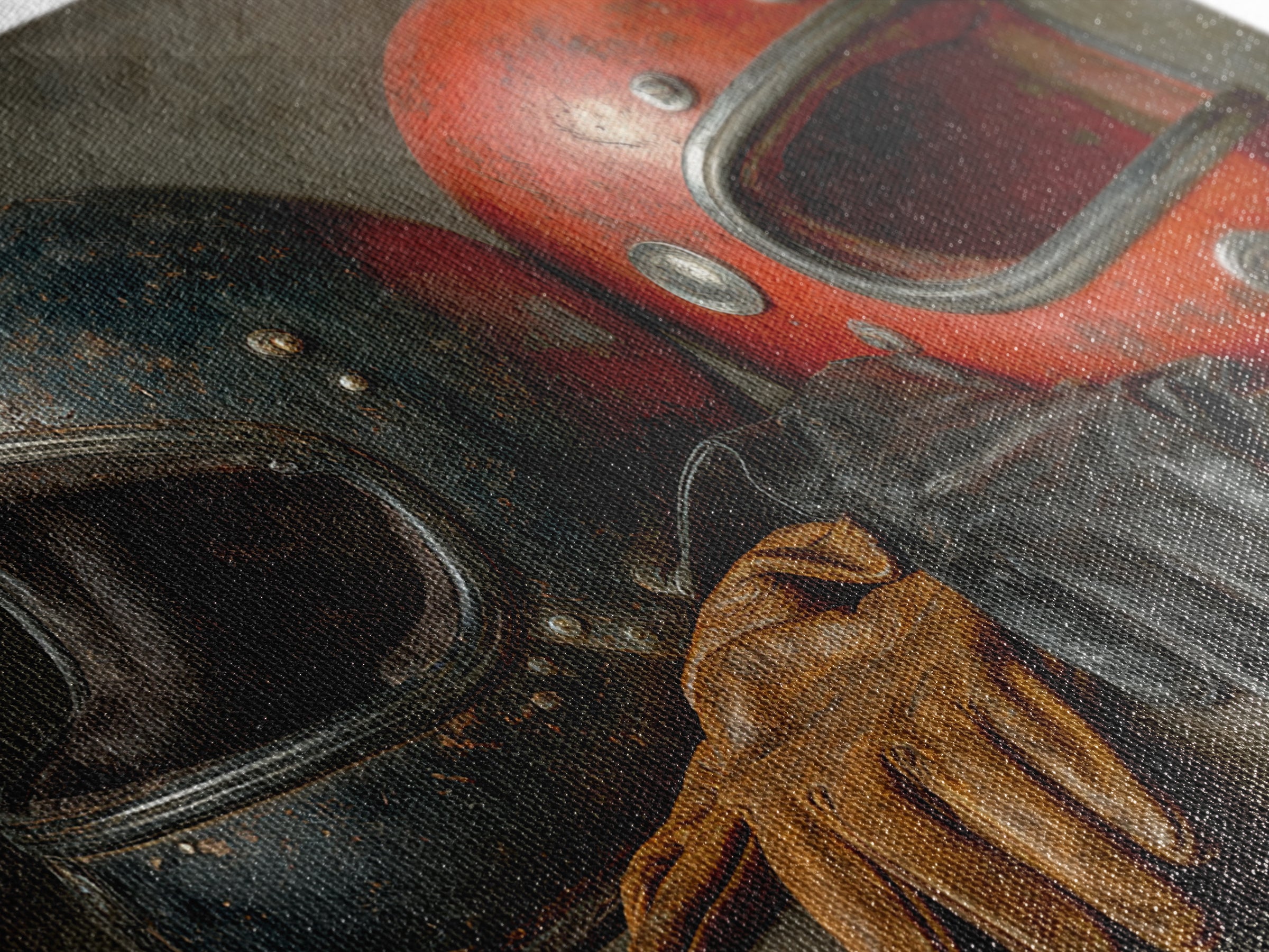 Motorcycle Helmet and Leather Gloves Still Life Canvas Print, Garage Art, Game Room Art, Garage Decor, Oil Painting, Motor, GAR-3x2-37
