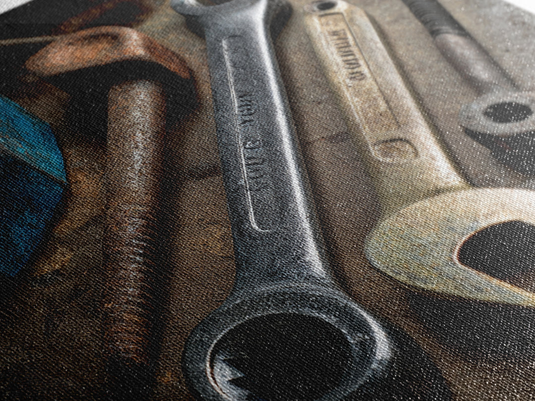 Wrench and Bolts Arranged Like Old Master Framed Canvas Print, Garage Art, Car Art, Garage Decor, Motor, Garage Art Poster, GAR-3x2-70