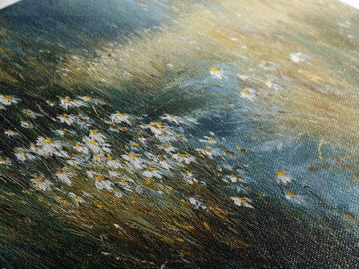 Sunlit Meadow with Delicate Flowers Framed Canvas Print, Guest Bedroom Art, Bedroom Decor, Oil Painting, Guest, GBA-3x1-55
