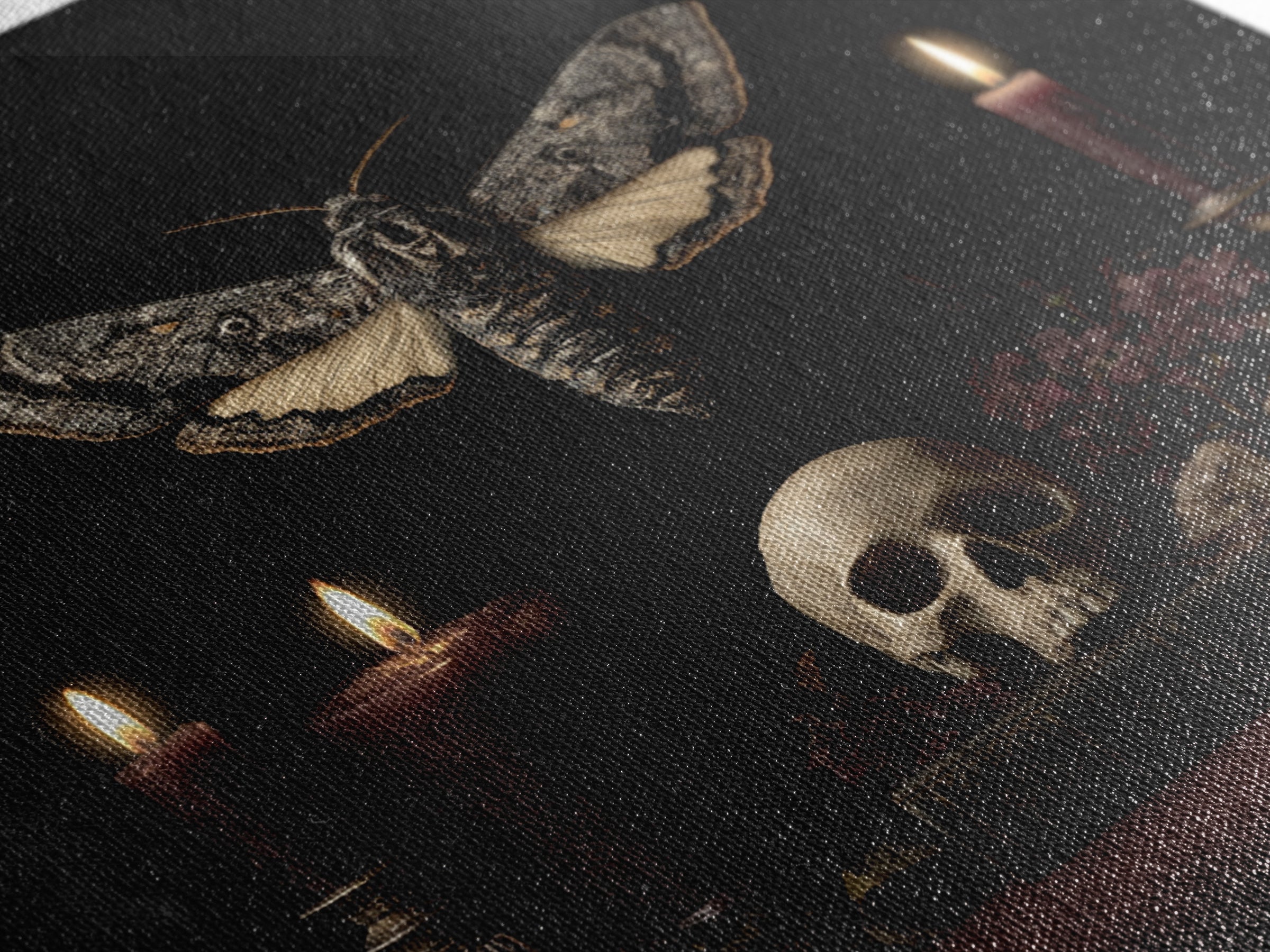 Moth and Skull Composition on Black Velvet Canvas Print, Gothic Art, Canvas Tote Bag, Living Room Decor, Oil Painting, Gothic, GOT-1x1-15