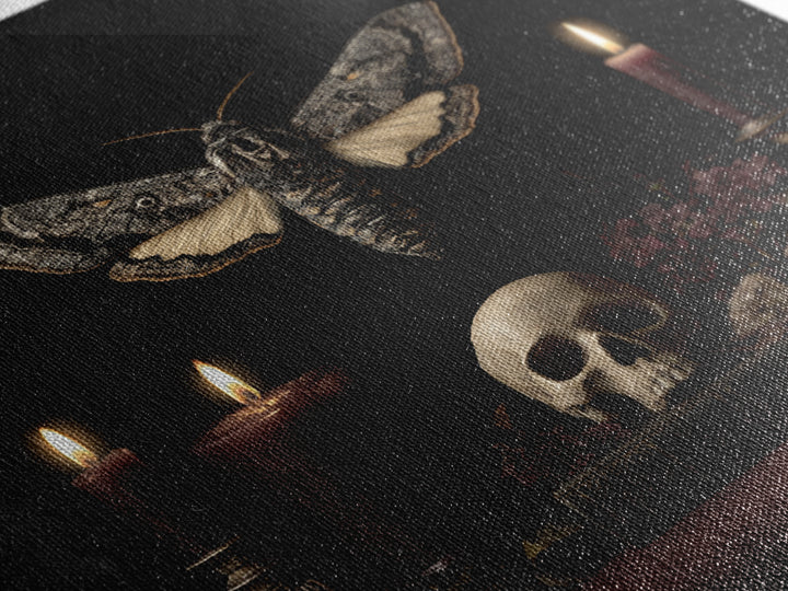Moth and Skull Composition on Black Velvet Canvas Print, Gothic Art, Canvas Tote Bag, Living Room Decor, Oil Painting, Gothic, GOT-1x1-15