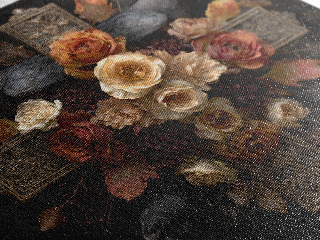 Ornate Cross and Roses Dramatic Still Life Canvas Print, Gothic Art, Art Print, Living Room Decor, Gothic, Whimsigoth Decor, GOT-1x1-20
