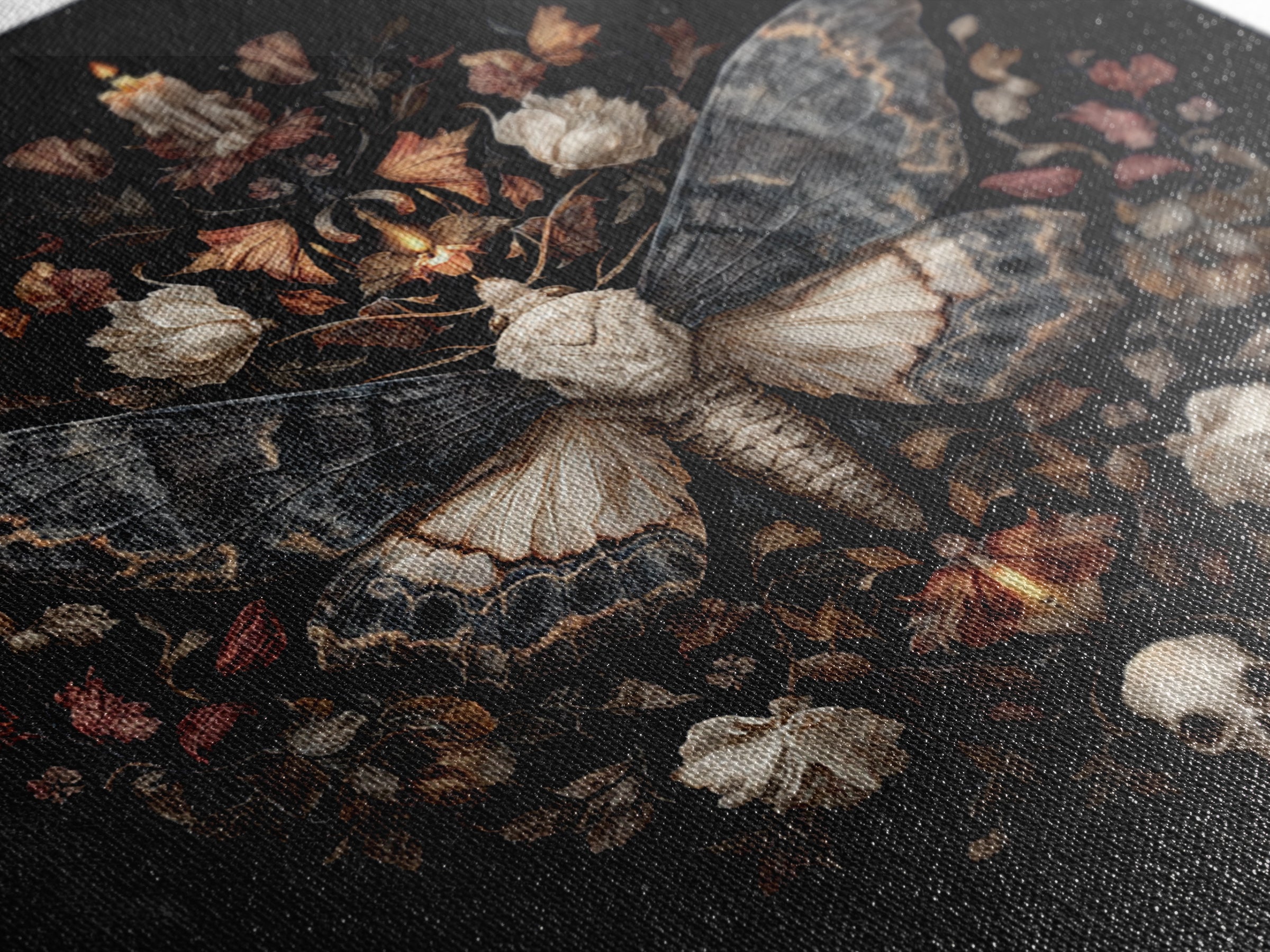 Moth and Skull Composition on Black Velvet Framed Canvas Print, Gothic Art, Gothic Wall Art, Living Room Decor, Gothic, GOT-1x1-39