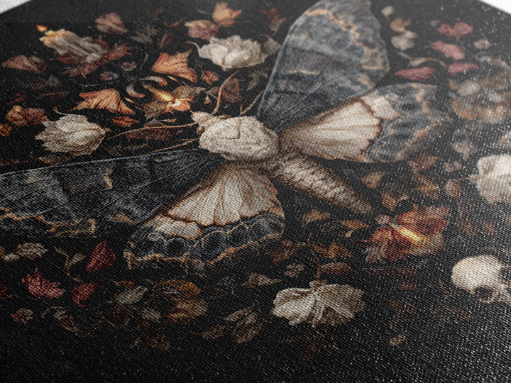 Moth and Skull Composition on Black Velvet Framed Canvas Print, Gothic Art, Gothic Wall Art, Living Room Decor, Gothic, GOT-1x1-39