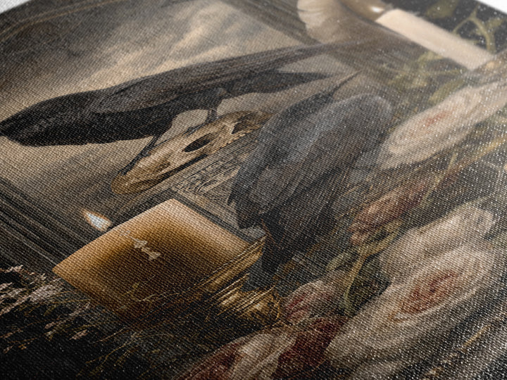 Crow Feathers and Antique Key Still Life Canvas Print, Gothic Art, Art Nouveau, Living Room Decor, Gothic, Dark Academia Art, GOT-1x3-72