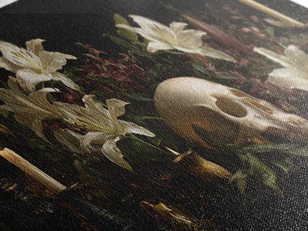 Skull Surrounded by Lilies and Candles Framed Canvas Print, Gothic Art, Canvas Tote Bag, Living Room Decor, Fine Art, Gothic, GOT-2x1-97