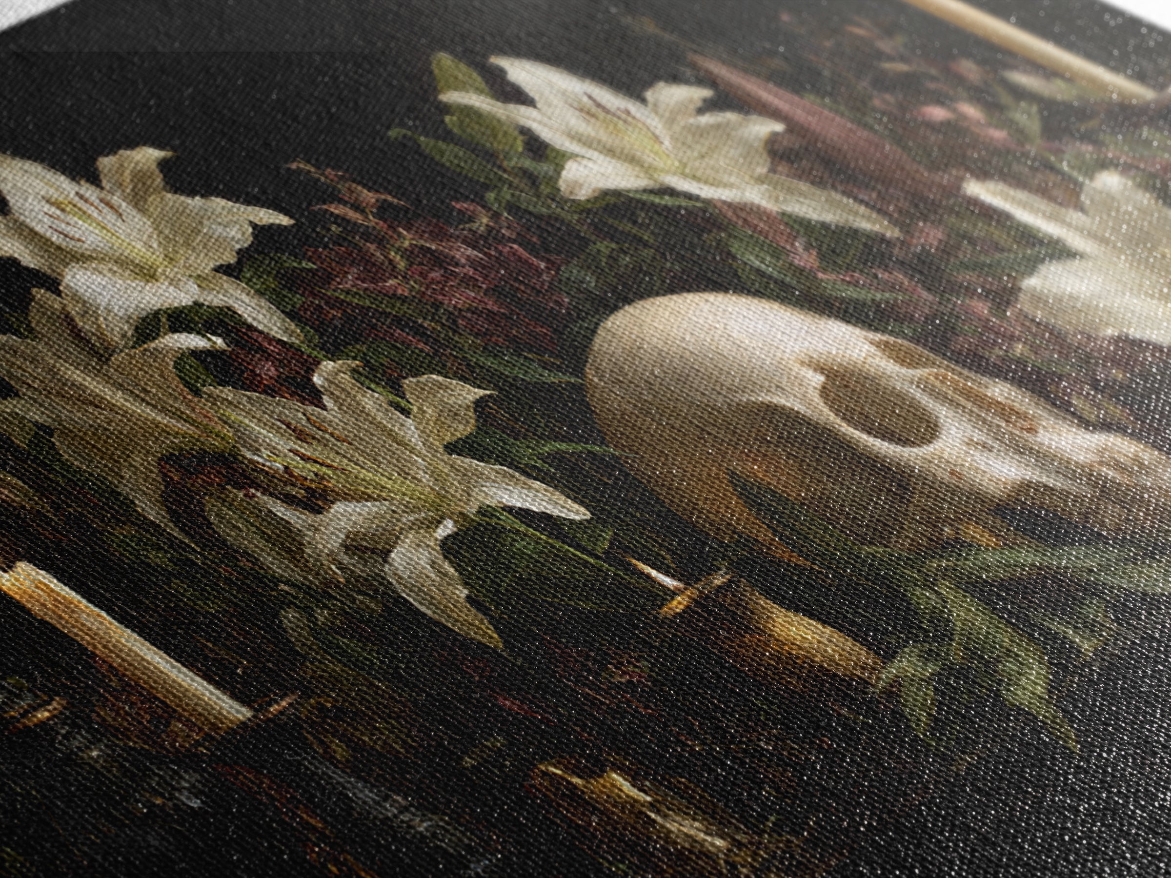 Skull Surrounded by Lilies and Candles Framed Canvas Print, Gothic Art, Canvas Tote Bag, Living Room Decor, Fine Art, Gothic, GOT-2x1-97