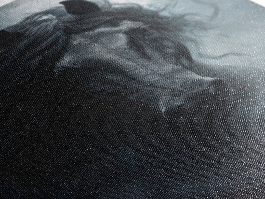Black Horse with Flowing Mane in Fog Framed Canvas Print, Gothic Art, Wall Art, Living Room Decor, Gothic, Canvas Tote Bag, GOT-2x3-1