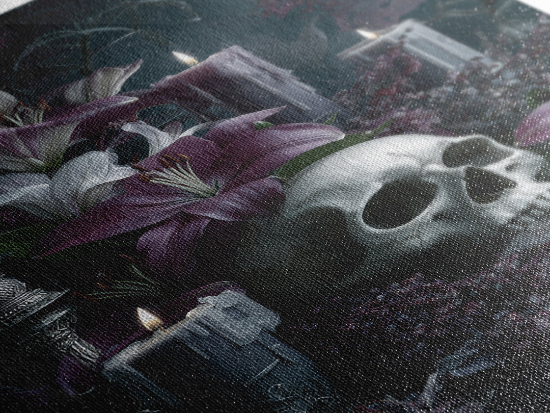 Skull Surrounded by Lilies and Candles Canvas Print, Gothic Art, Original Painting, Living Room Decor, Fine Art, Gothic, GOT-2x3-61