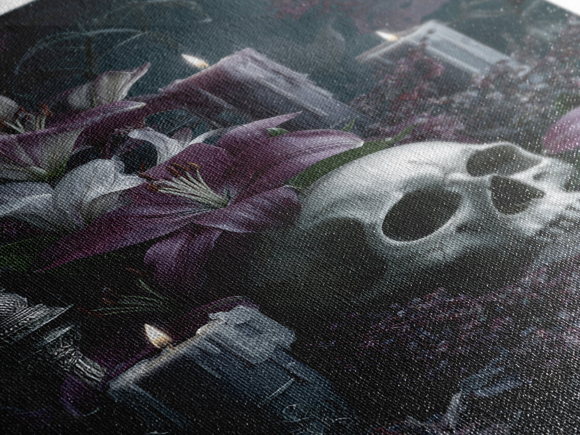 Skull Surrounded by Lilies and Candles Canvas Print, Gothic Art, Original Painting, Living Room Decor, Fine Art, Gothic, GOT-2x3-61