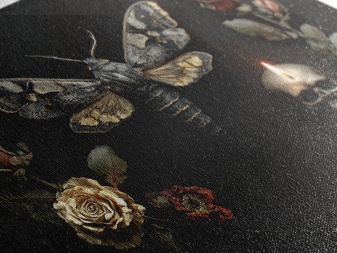 Moth and Skull Composition on Black Velvet Canvas Print, Gothic Art, Black and White Art, Living Room Decor, Abstract Art, GOT-3x2-43