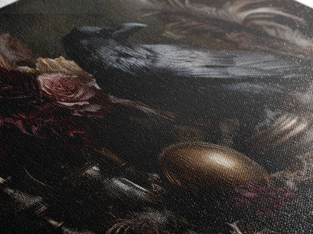 Raven Feathers Arranged Like a Halo Framed Canvas Print, Gothic Art, Printable Art, Living Room Decor, Oil Painting, Gothic, GOT-3x2-50