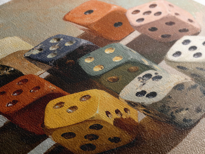 Tabletop Dice Rolling Through Dramatic Light Framed Canvas Print, Game Room Art, Gallery Decor, Game Room Decor, Fine Art, Play, GRA-1x1-41