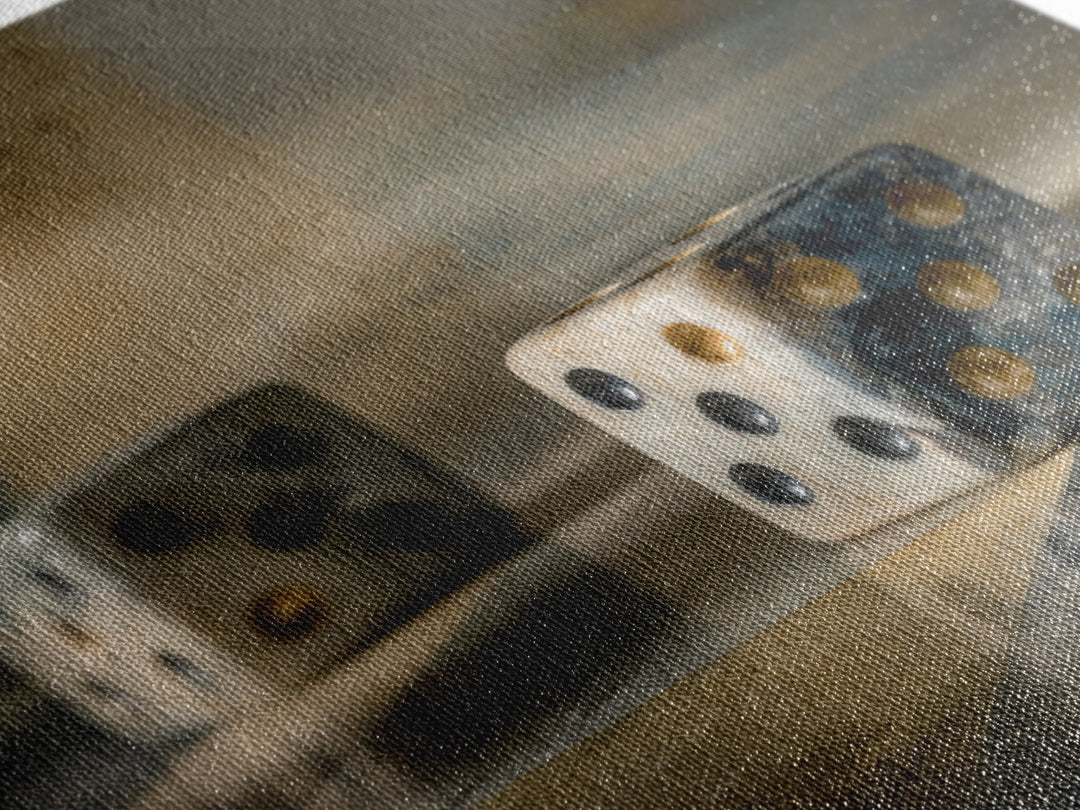 Tabletop Dice Rolling Through Dramatic Light Framed Canvas Print, Game Room Art, Gallery Decor, Game Room Decor, Fine Art, Play, GRA-1x1-65