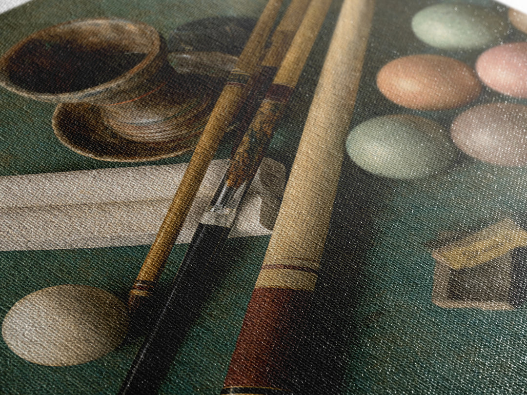Pool Cue and Chalk on Green Felt Canvas Print, Game Room Art, Neutral Decor, Game Room Decor, Oil Painting, Play, Wall Art, GRA-1x1-82