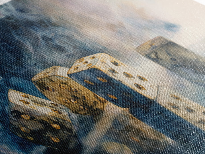 Tabletop Dice Rolling Through Dramatic Light Canvas Print, Game Room Art, Classroom Decor, Game Room Decor, Fine Art, Play, GRA-2x1-61