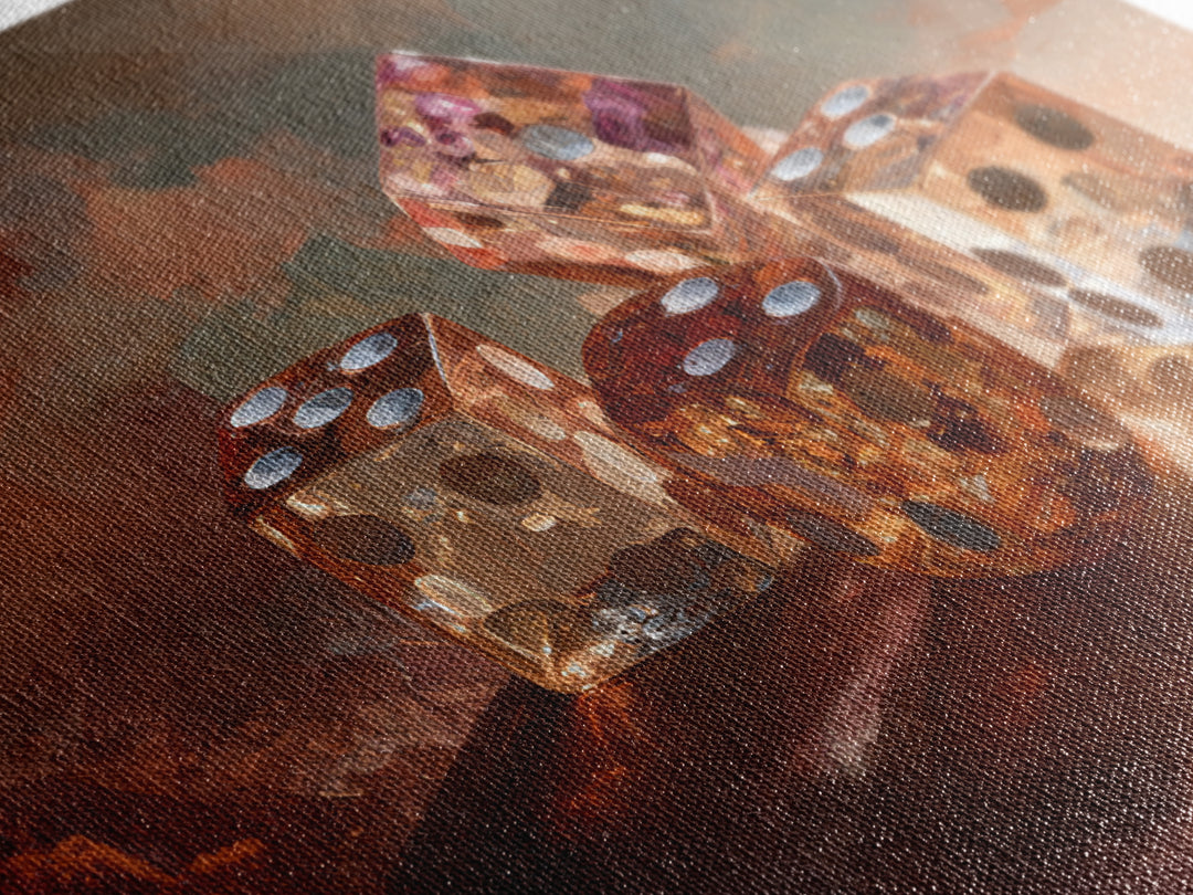Tabletop Dice Rolling Through Dramatic Light Framed Canvas Print, Game Room Art, Unique Home Decor, Game Room Decor, Play, GRA-3x2-45