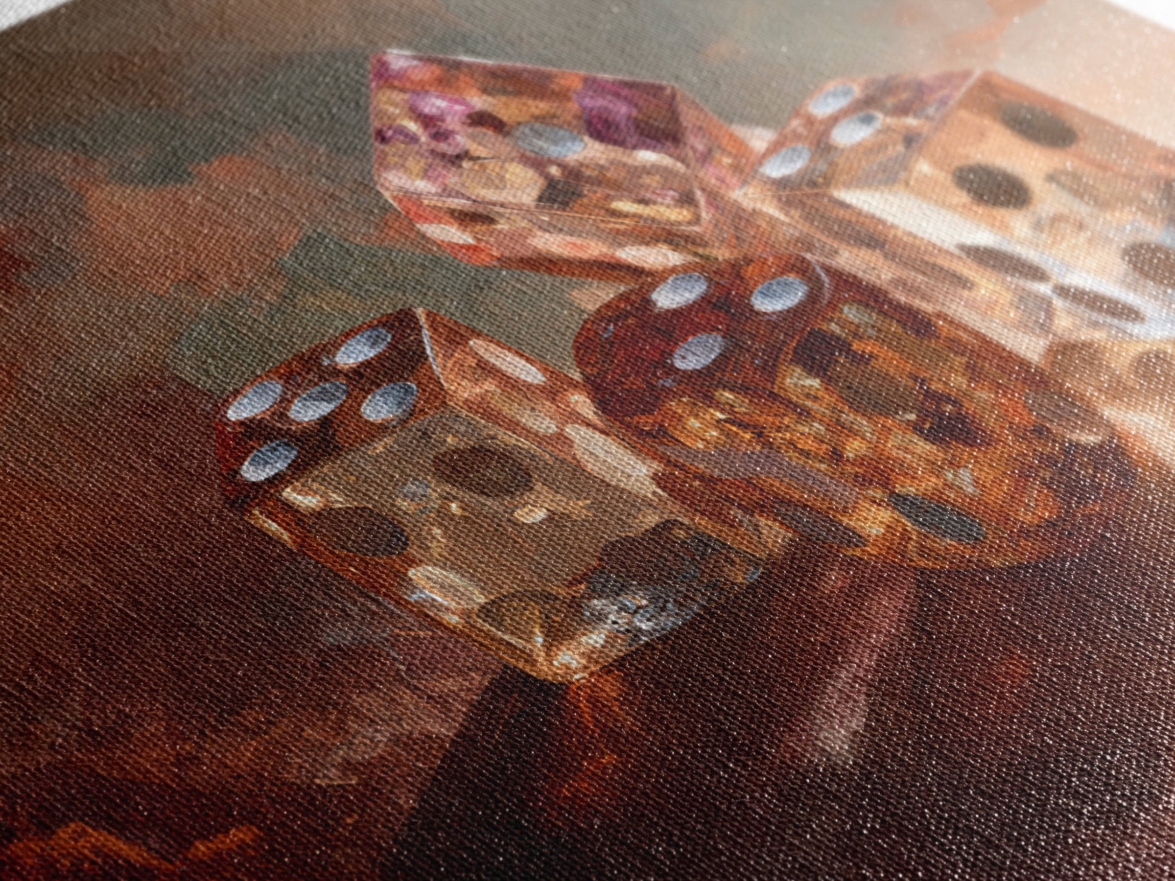 Tabletop Dice Rolling Through Dramatic Light Framed Canvas Print, Game Room Art, Unique Home Decor, Game Room Decor, Play, GRA-3x2-45