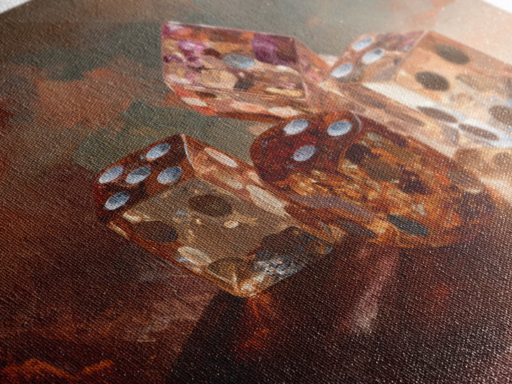 Tabletop Dice Rolling Through Dramatic Light Framed Canvas Print, Game Room Art, Unique Home Decor, Game Room Decor, Play, GRA-3x2-45