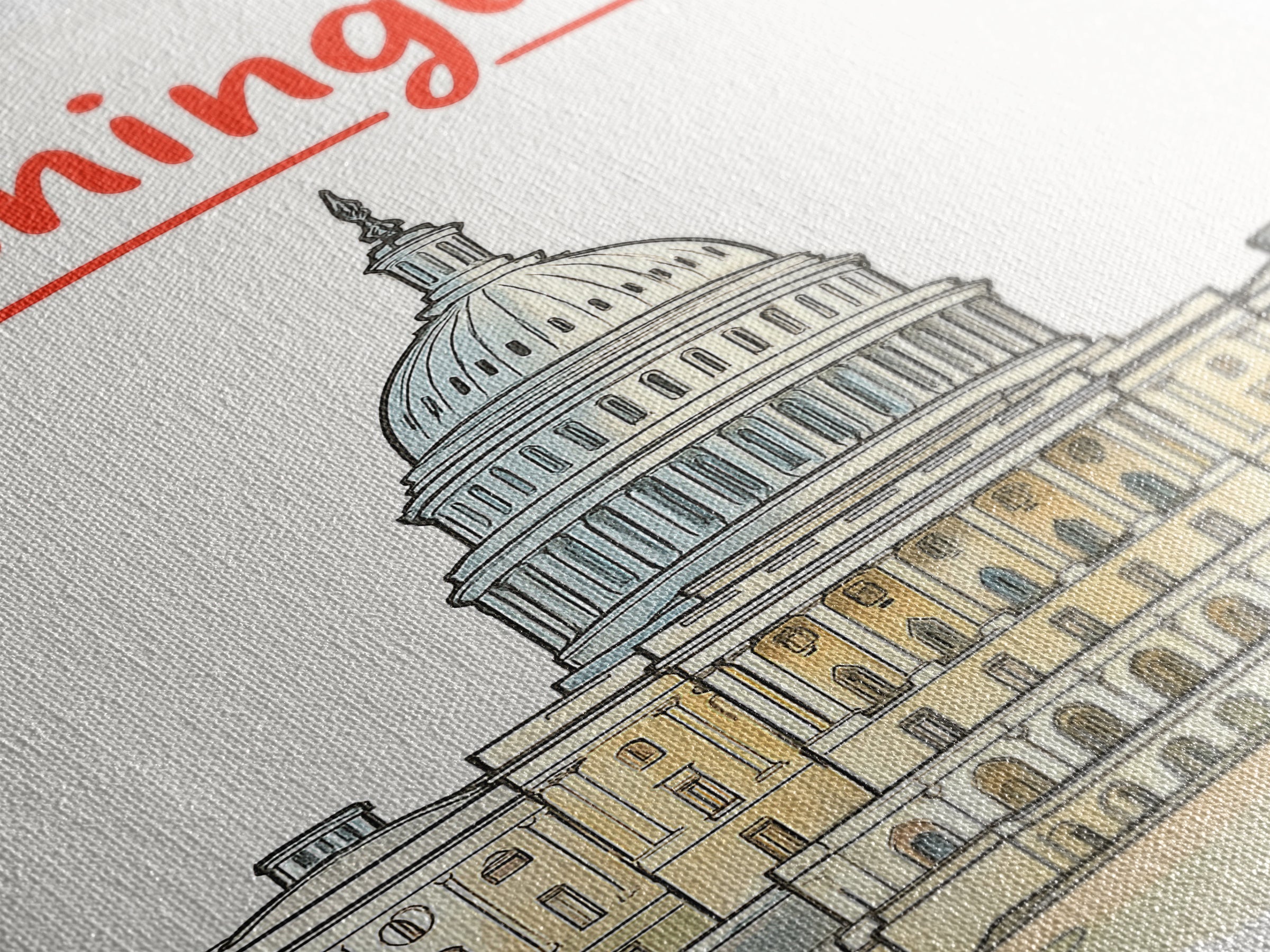 Washington Travel Poster, Framed Canvas Print, Soft Sketch Travel Art, Washington Poster Print, Travel Poster Art, City Illustration