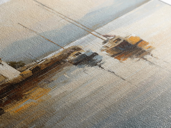 Quiet Harbor with Sailboats at Dawn Canvas Print, Hotel Art, Coastal Wall Art, Hotel Decor, Oil Painting, Boutique, HOT-1x1-22