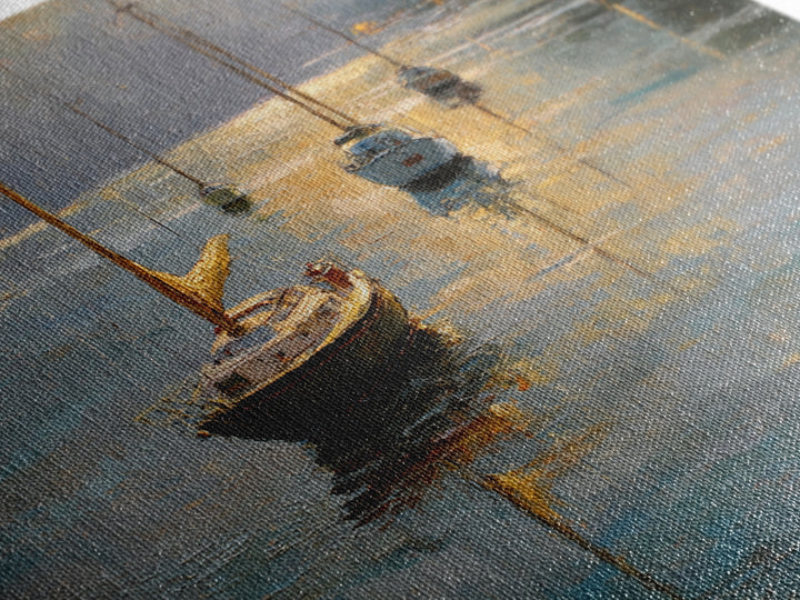 Quiet Harbor with Sailboats at Dawn Framed Canvas Print, Hotel Art, Coastal Wall Art, Hotel Decor, Oil Painting, Boutique, HOT-3x2-50