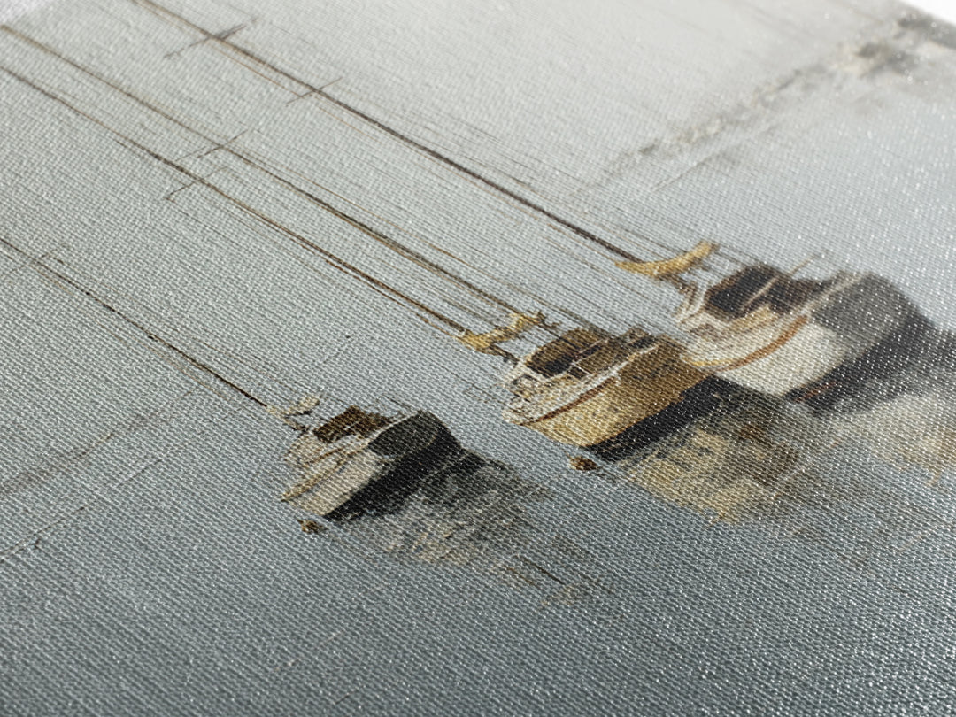 Quiet Harbor with Sailboats at Dawn Framed Canvas Print, Hotel Art, Coastal Wall Art, Hotel Decor, Oil Painting, Boutique, HOT-3x2-74