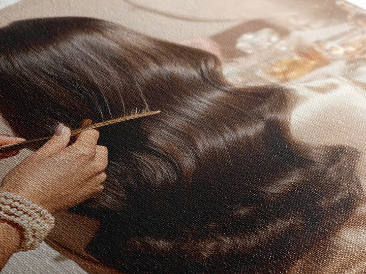 Elegant Hands Styling Hair Canvas Print, Hair Salon Art, Black Owned Art, Living Room Decor, Oil Painting, Style, HSA-1x1-22