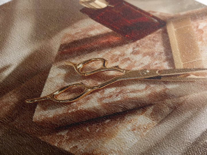 Gold Scissors and Comb Still Life on Canvas Print, Hair Salon Art, Hairstylist, Living Room Decor, Fine Art, Style, Boho Decor, HSA-1x1-50