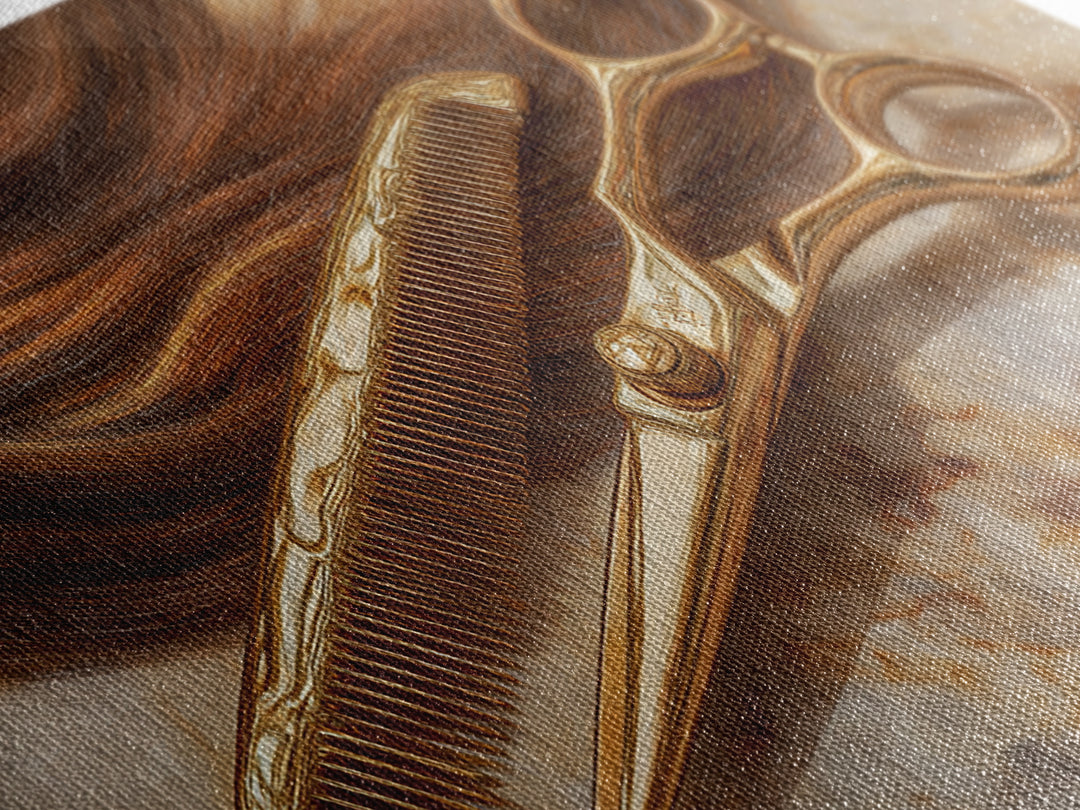 Gold Scissors and Comb Still Life on Canvas Print, Hair Salon Art, Statement Artwork, Living Room Decor, Fine Art, Style, HSA-2x1-22