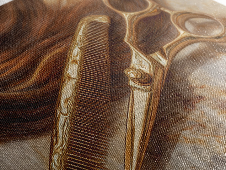 Gold Scissors and Comb Still Life on Canvas Print, Hair Salon Art, Statement Artwork, Living Room Decor, Fine Art, Style, HSA-2x1-22