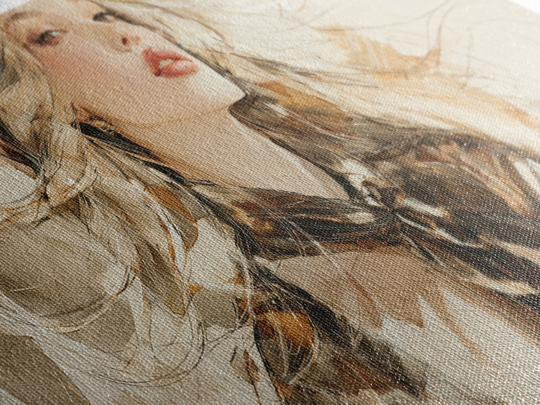 Fashion Portrait with Flowing Glossy Hair Canvas Print, Hair Salon Art, Modern Art, Living Room Decor, Fine Art, Style, HSA-2x1-69