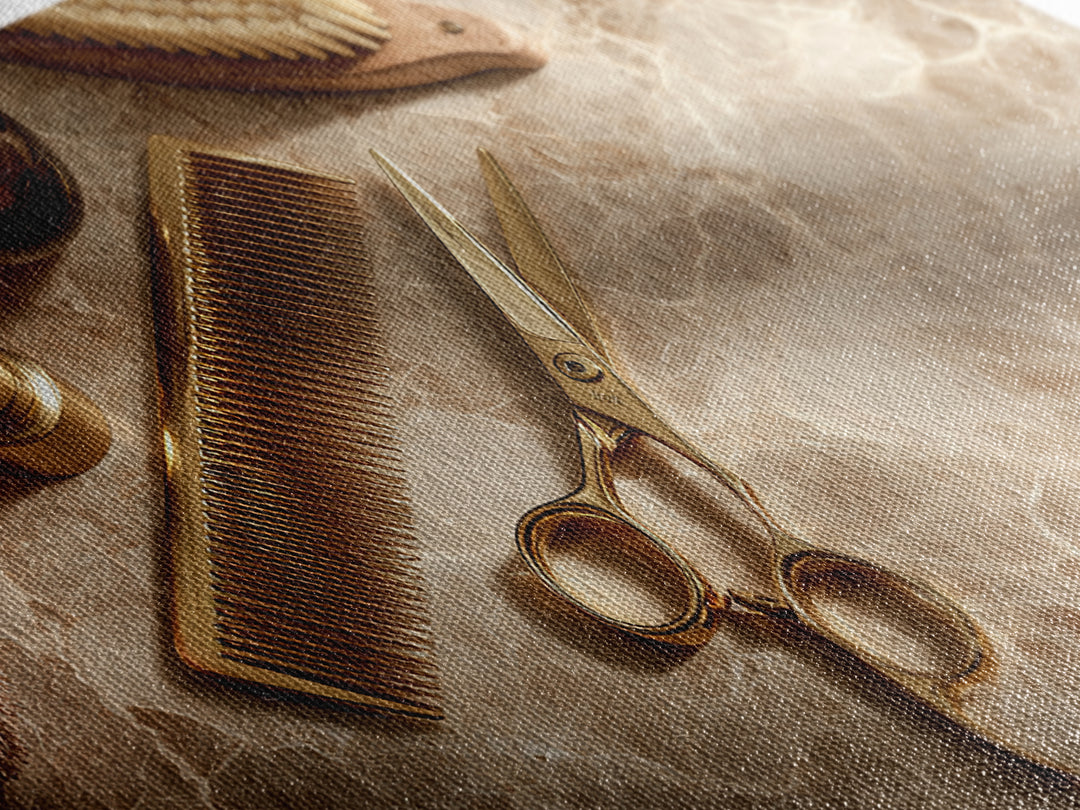 Gold Scissors and Comb Still Life on Canvas Print, Hair Salon Art, Wall Decor, Living Room Decor, Fine Art, Style, African Art, HSA-2x1-94