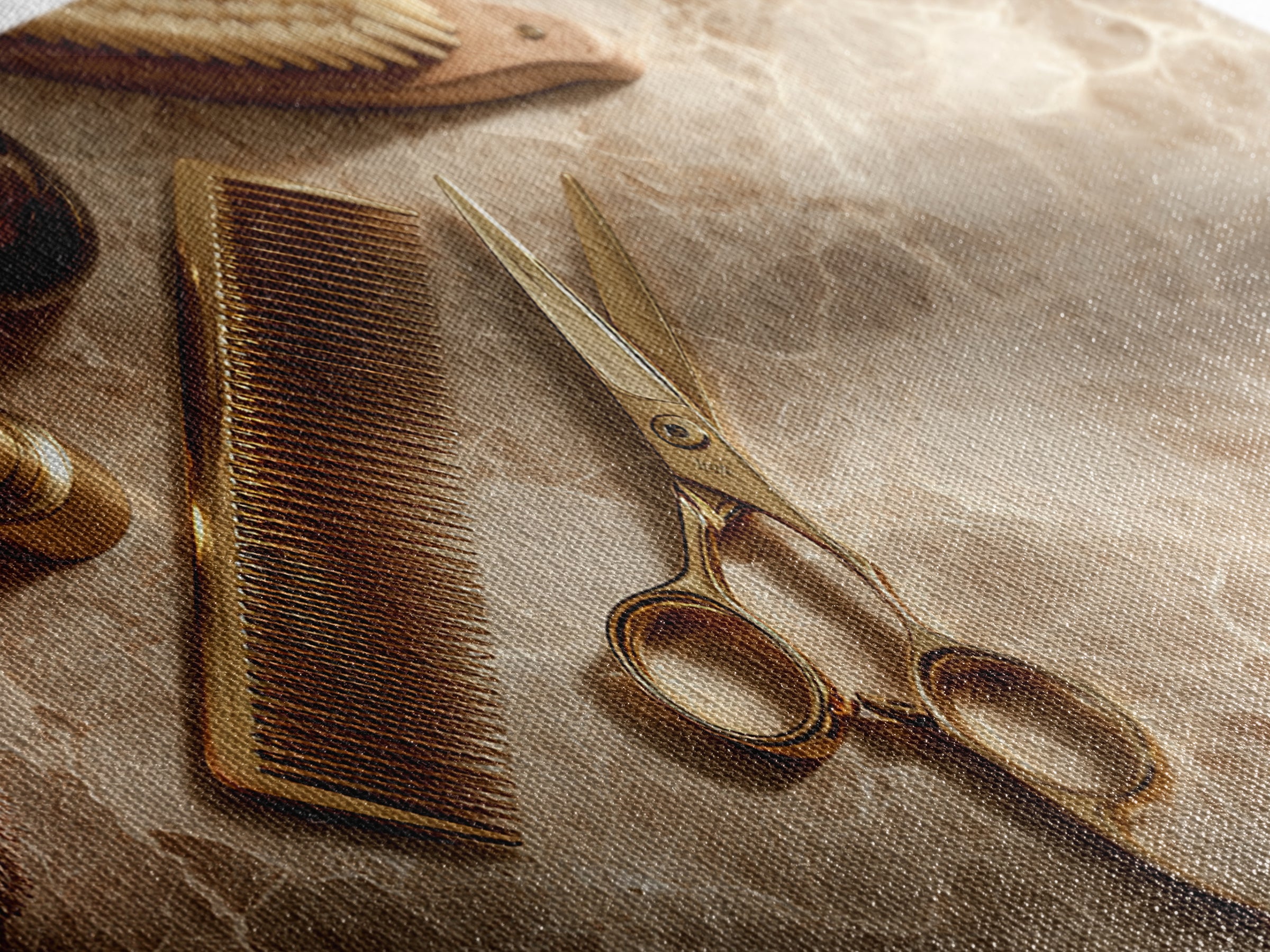 Gold Scissors and Comb Still Life on Canvas Print, Hair Salon Art, Wall Decor, Living Room Decor, Fine Art, Style, African Art, HSA-2x1-94
