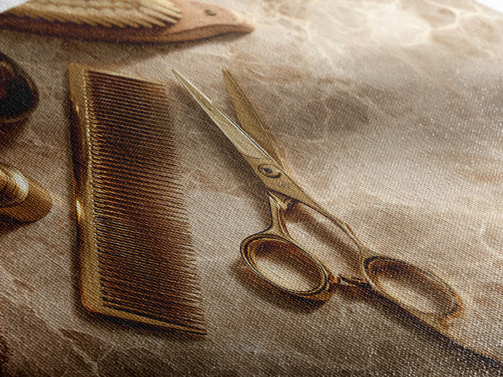 Gold Scissors and Comb Still Life on Canvas Print, Hair Salon Art, Wall Decor, Living Room Decor, Fine Art, Style, African Art, HSA-2x1-94