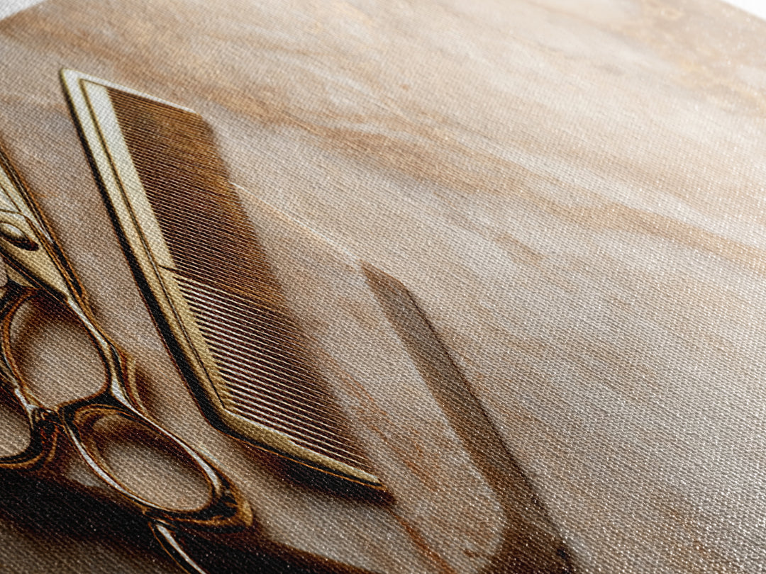 Gold Scissors and Comb Still Life on Canvas Print, Hair Salon Art, Black Art Prints, Living Room Decor, Fine Art, Style, HSA-3x1-66
