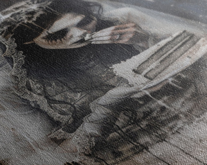 Melancholic Ghost Bride Having A Slice of Birthday Cake, Framed Canvas Print, Halloween Decor