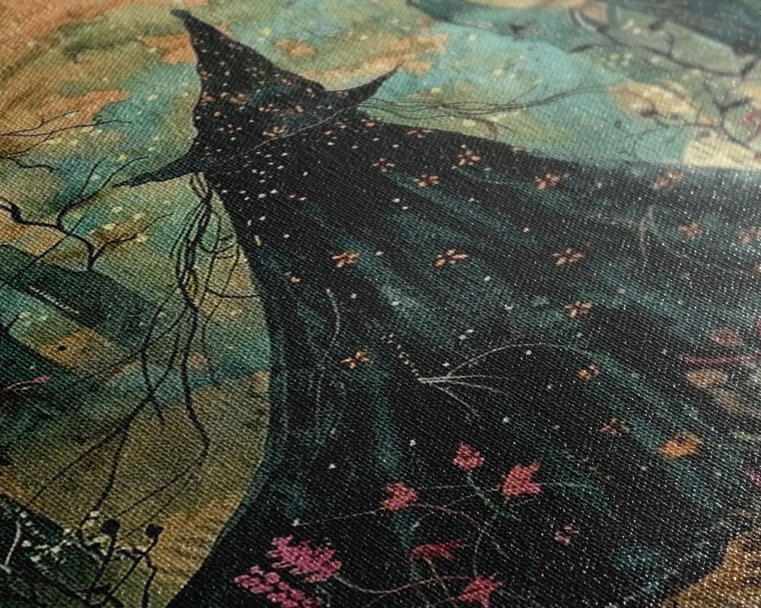 Halloween Witch in Dark Forest, Framed Canvas Print, Wall Art, Living Room Decor, Spooky, Witch Art, Original Painting, Home Decor