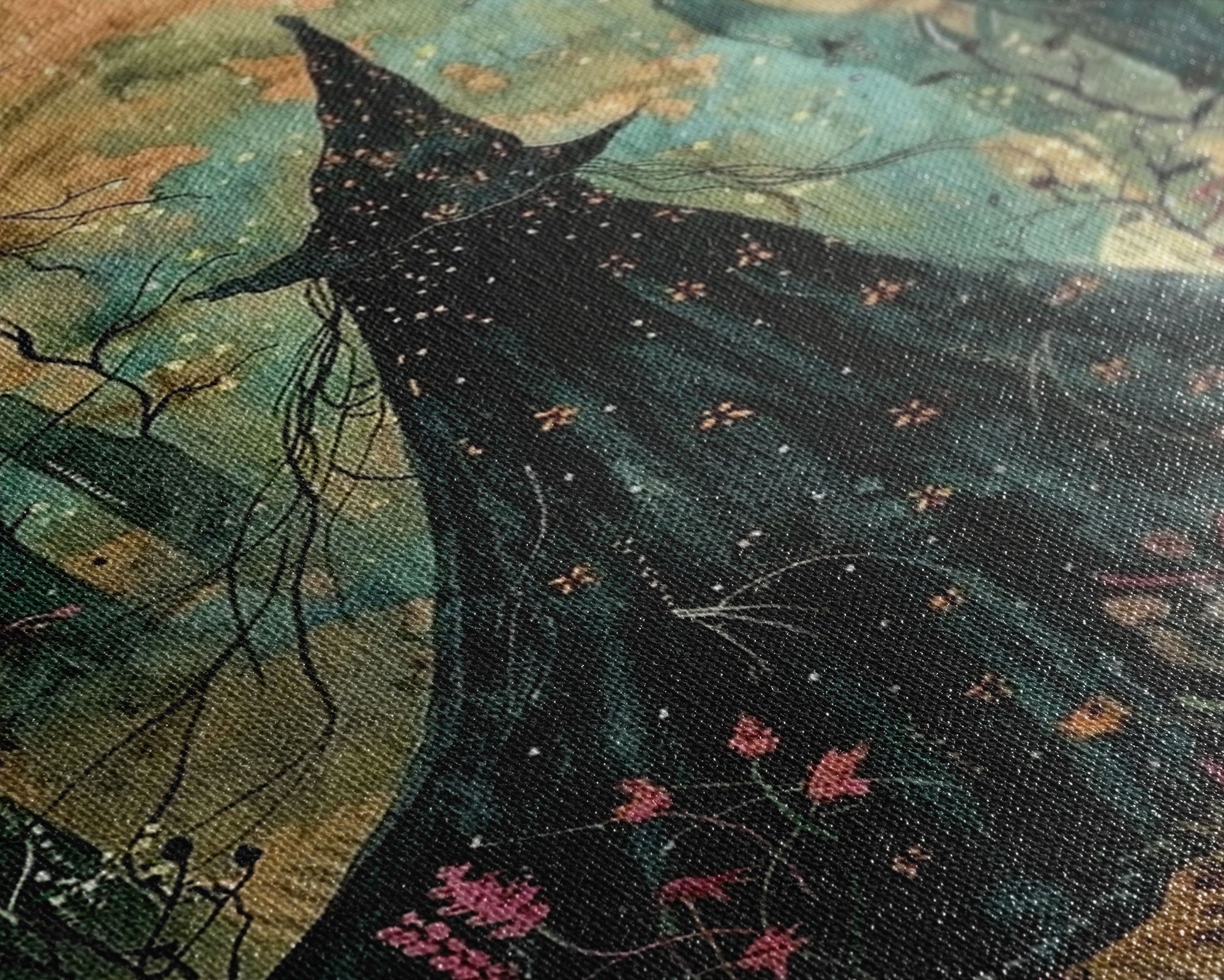 Halloween Witch in Dark Forest, Framed Canvas Print, Wall Art, Living Room Decor, Spooky, Witch Art, Original Painting, Home Decor