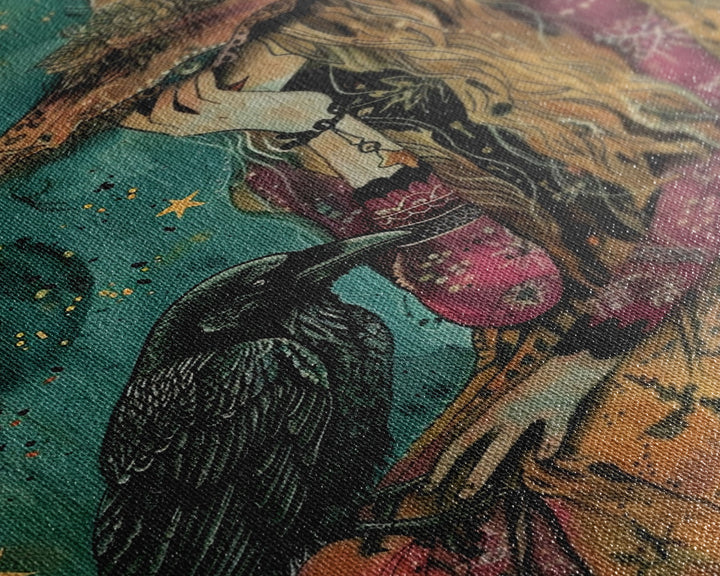 The Witch and her Sassy Raven Framed Canvas Print, Spooky Decor, Halloween Art, Halloween Props / Gift Idea, Spooky Decor, Home Decor