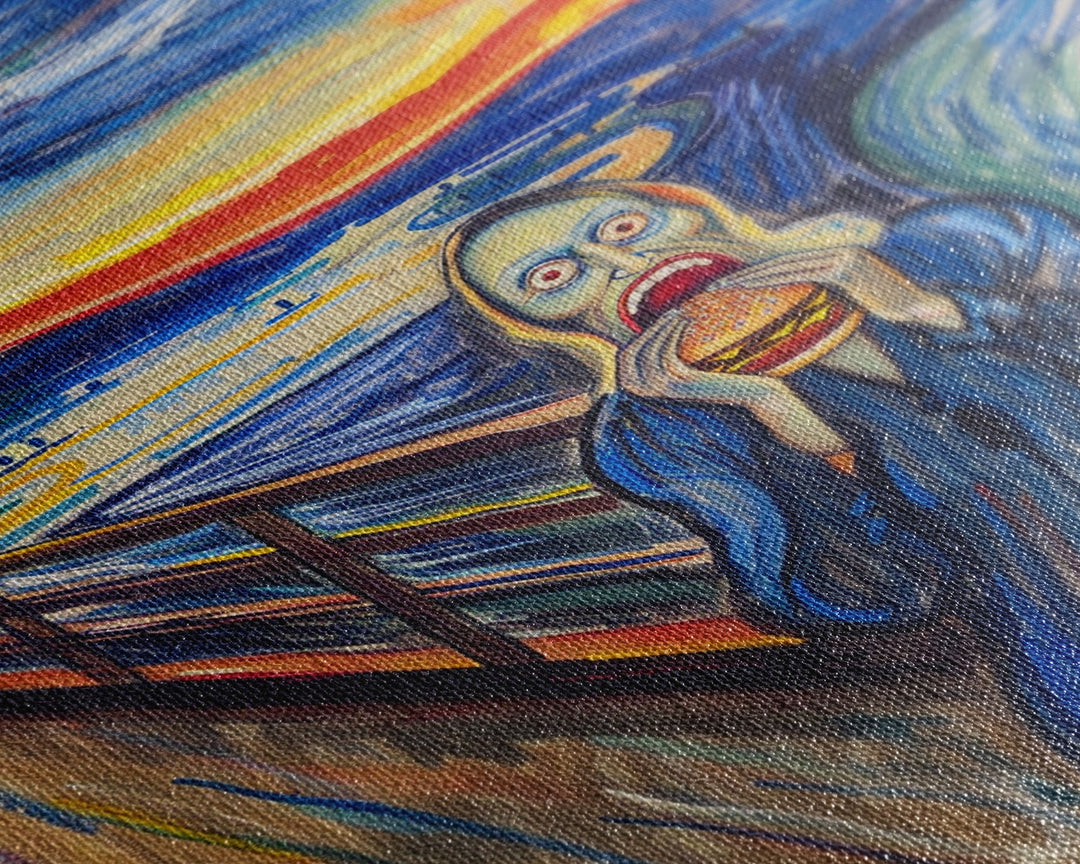 Scream-Inspired Halloween Art with a Figure Eating a Hamburger, Combining Horror and Humor for a Unique and Spooky Wall Art Piece