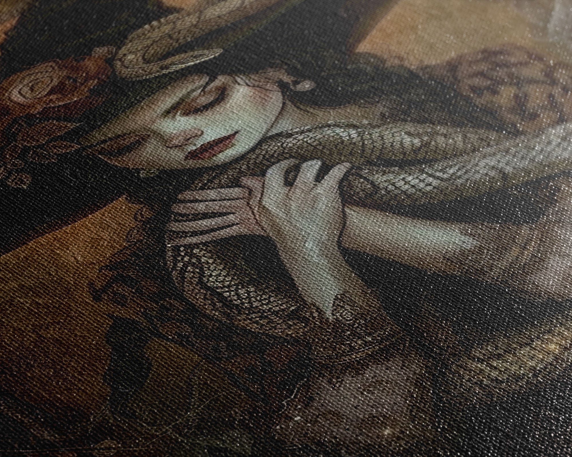Mysterious Witch Holding Snake, Framed Canvas Print, Gothic Witch Art, Dark Fantasy Decor, Witch and Serpent, Halloween Accessories