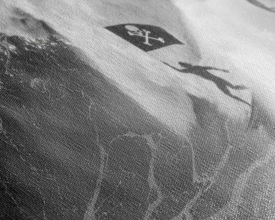 Surfer Waving A Skull and Crossbones Flag While Surfing - Framed Canvas Print - Cool Modern Art - Office / Mancave Decor Gift For Him