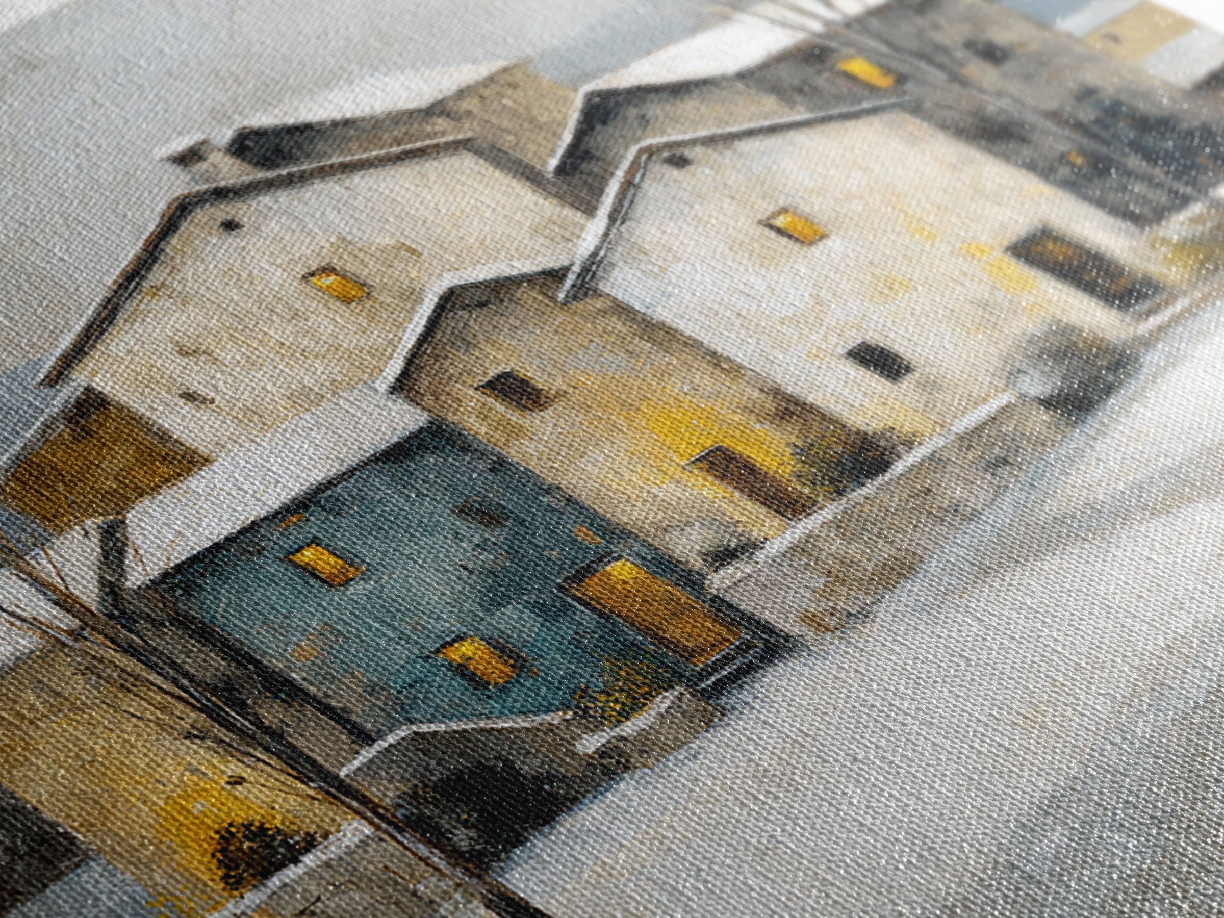 Snowy Village with Warm Glowing Windows Framed Canvas Print, Impressionist Art, Boho Decor, Living Room Decor, Oil Painting, IMP-1x1-37
