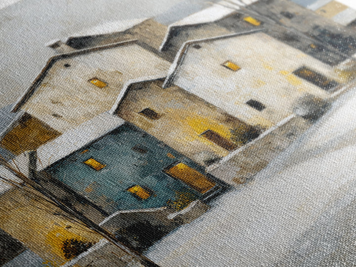 Snowy Village with Warm Glowing Windows Framed Canvas Print, Impressionist Art, Boho Decor, Living Room Decor, Oil Painting, IMP-1x1-37
