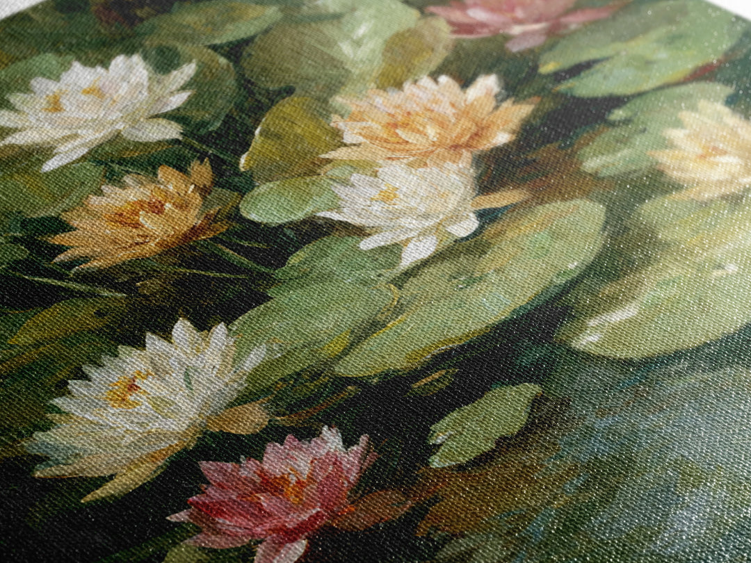 Water Lilies Floating on a Sunlit Pond Framed Canvas Print, Impressionist Art, Living Room Decor, Watercolor Art, Impression, IMP-1x1-73