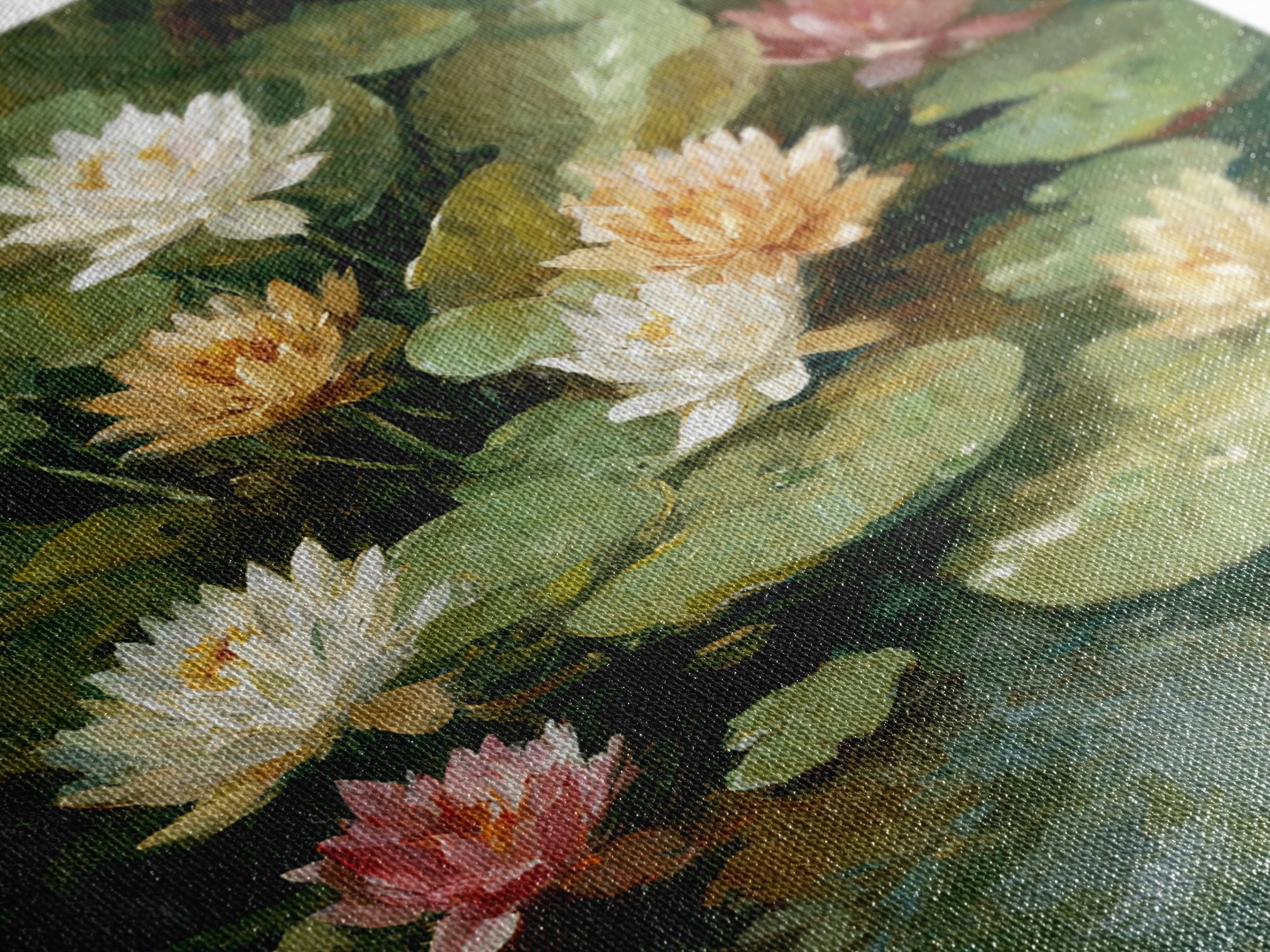Water Lilies Floating on a Sunlit Pond Framed Canvas Print, Impressionist Art, Living Room Decor, Watercolor Art, Impression, IMP-1x1-73