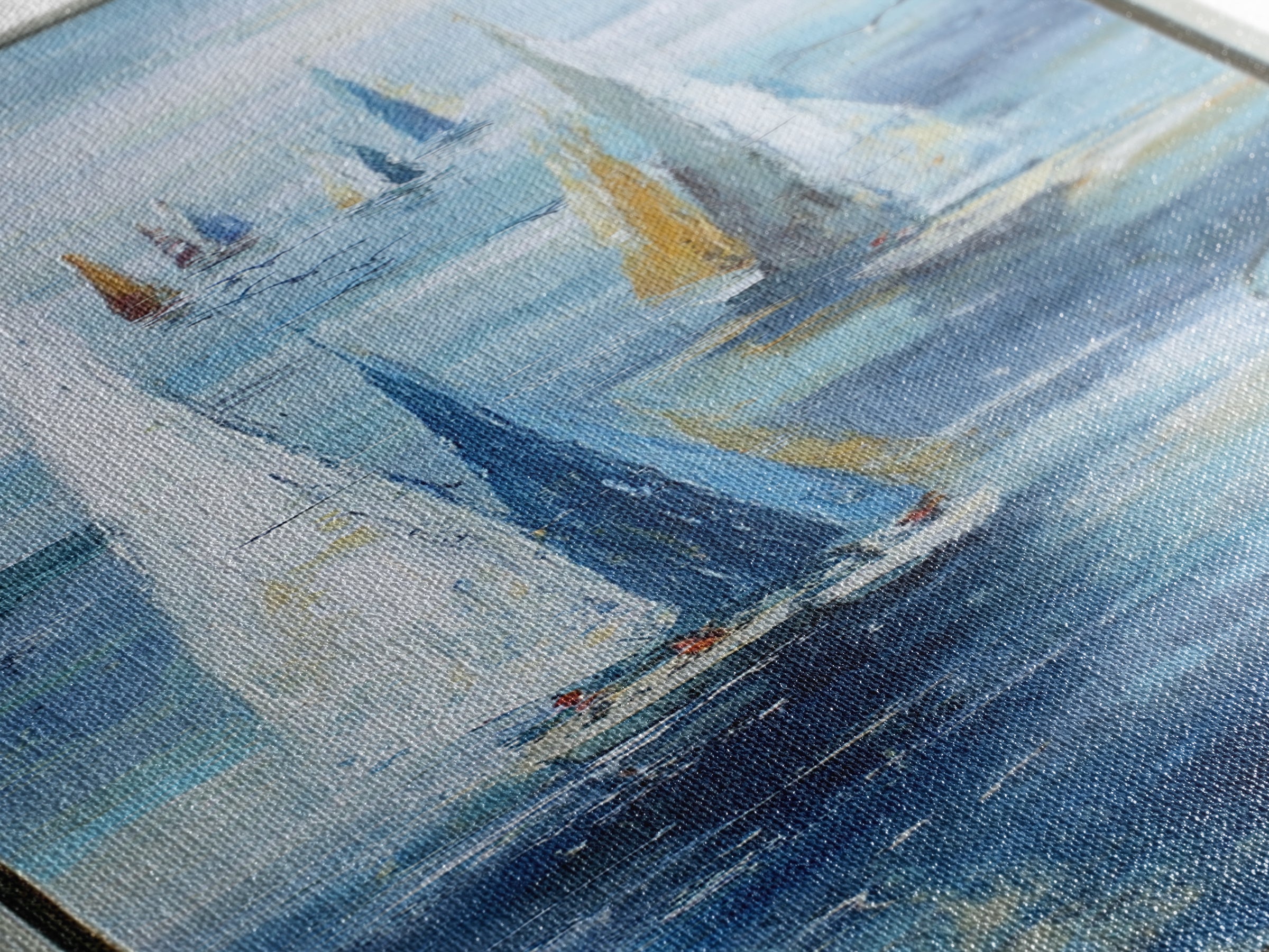 Sailboats on a Bright Sparkling Harbor Framed Canvas Print, Impressionist Art, Wall Art, Living Room Decor, Oil Painting, IMP-1x3-45